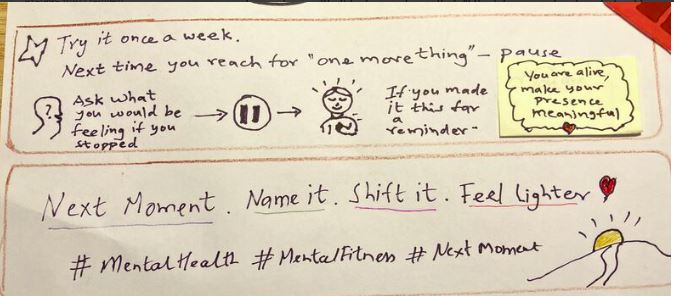 A hand-drawn note: 'Try it once a week. Next time you reach for one more thing — pause. Ask what you would be feeling if you stopped.' A sticky note reads 'You are alive, make your presence meaningful.' Below: 'Next Moment. Name it. Shift it. Feel lighter.'