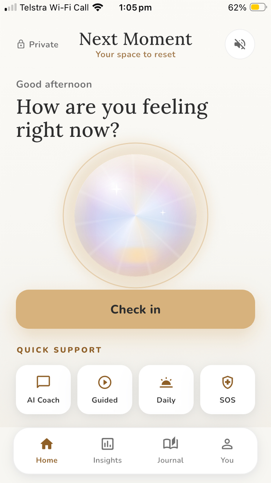The Next Moment app home screen, asking ‘How are you feeling right now?’